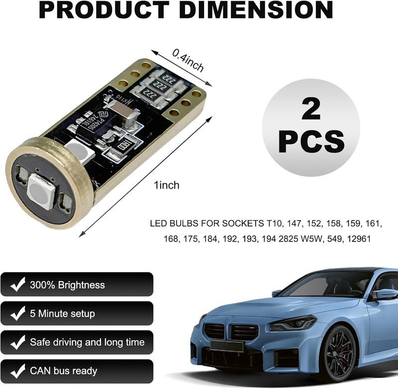 SHMZK 2PCS 194 LED Bulb 6000K, CANBUS Error Free T10 168 2825 W5W LED Light Bulb Replacement, 3030 Chipsets Super Bright LED Bulb for Car Interior Dome License Plate Light (Blue) - Image 2